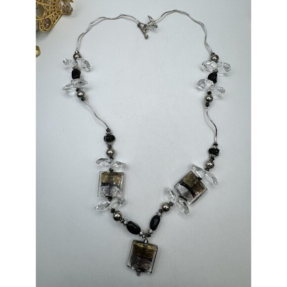 Black Silver Foil Art Glass Beaded Silver/Gold Tone And Crystal Necklace Vintage - Picture 8 of 9